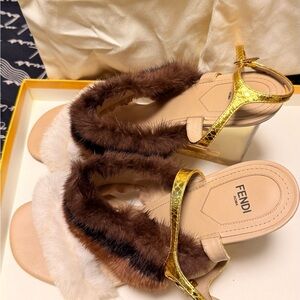 Fendi Gold and Brown Fur Strap Sandals
